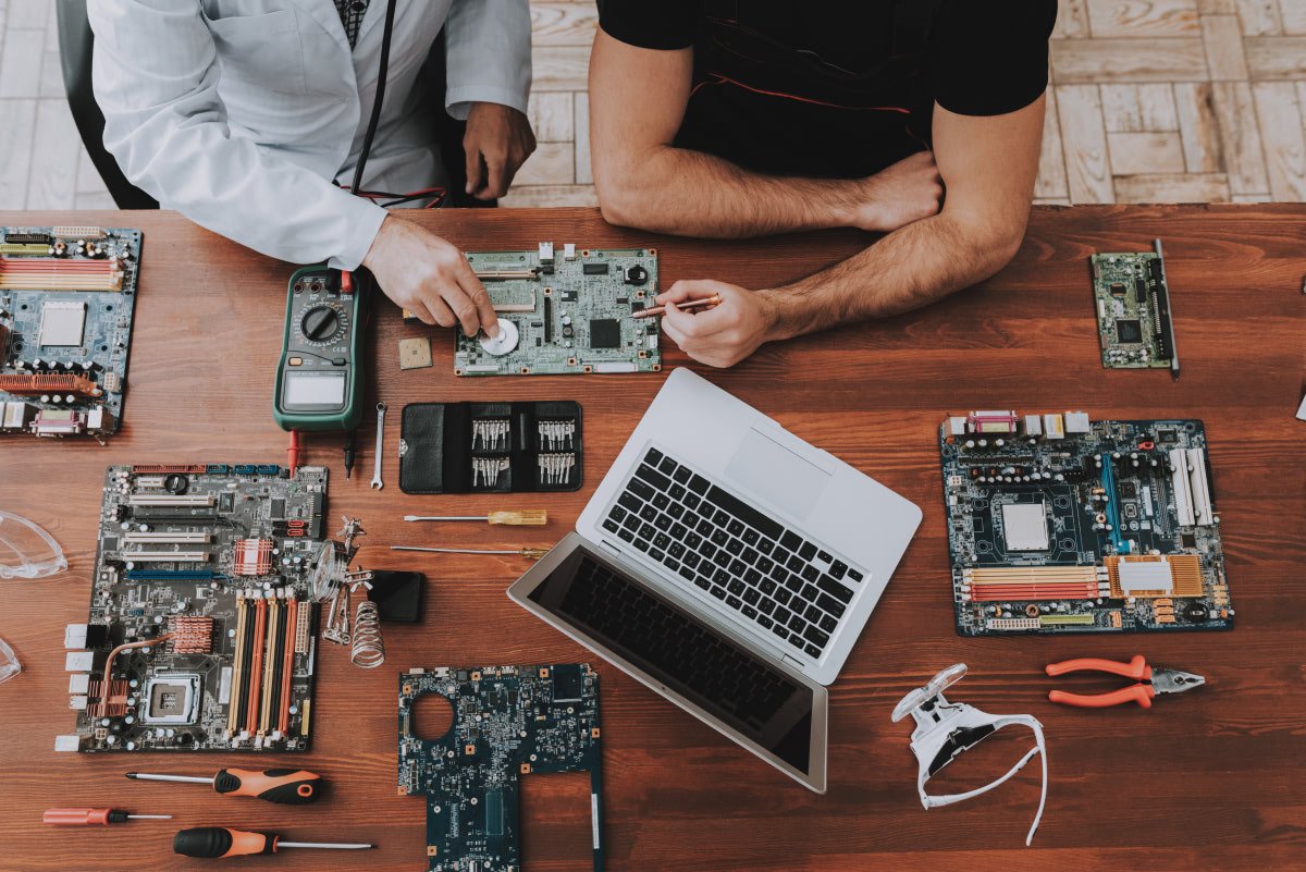 Electronic devices being repaired