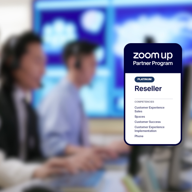 Zoom Up Partner Program graphic identifying a Platinum Reseller with multiple competencies, overlaid on a background of call center agents.