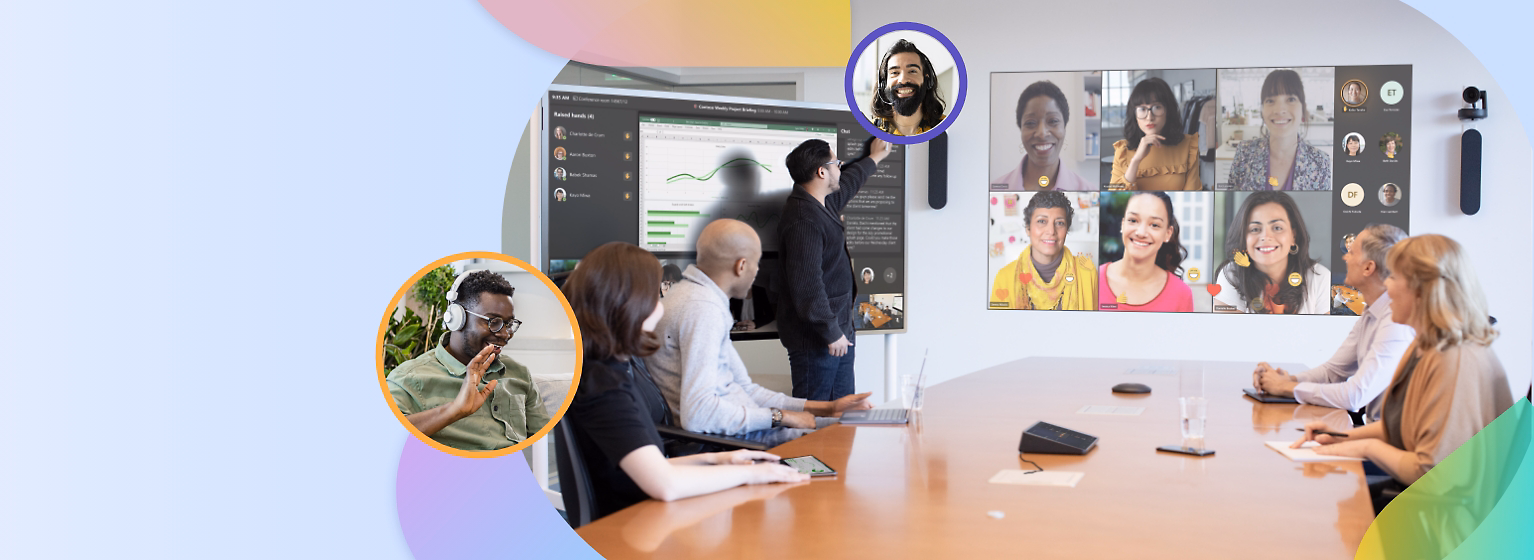 A diverse group is seated around a table, while two wall-mounted screens display a grid of remote meeting participants and a large presentation slide being annotated by a person standing near the display. Graphic overlays of individuals wearing headsets are placed in the foreground.