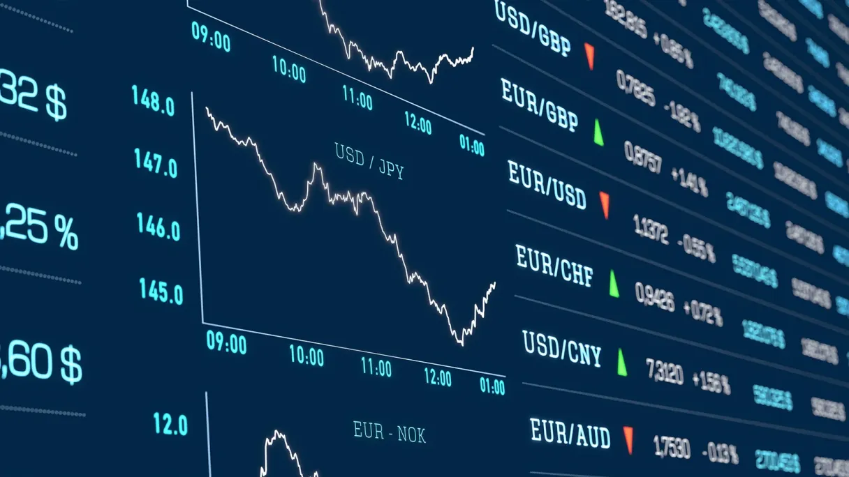 A close-up of a digital screen displaying live financial data, including line graphs showing downward trends for currency pairs like USD/JPY and a list of other foreign exchange rates.