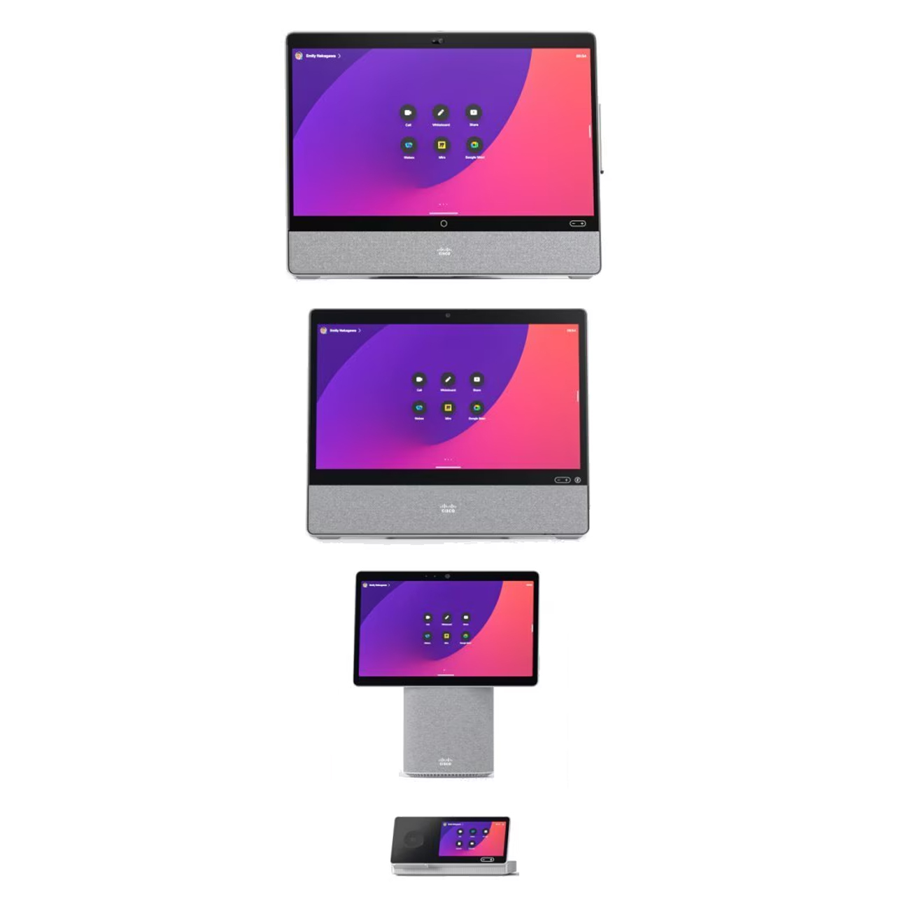 A vertical arrangement of four Cisco Webex devices, displayed on a white background, demonstrating different sizes of video conferencing and collaboration screens. The devices include two large, rectangular touchscreen displays for desk or wall mounting, a medium-sized desktop device on a stand, and a small, angled desktop control hub or phone, all featuring a unified purple and pink user interface with icons for collaboration functions.
